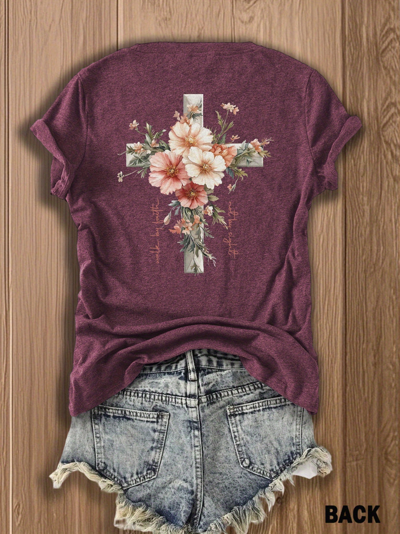 Jesus Floral Cross Double-Sided Print T-shirt - Stylish Faith-Inspired Design for Casual Wear, Perfect for Christian Women, Trendy and Comfortable -blend T-shirt with Double-sided Print