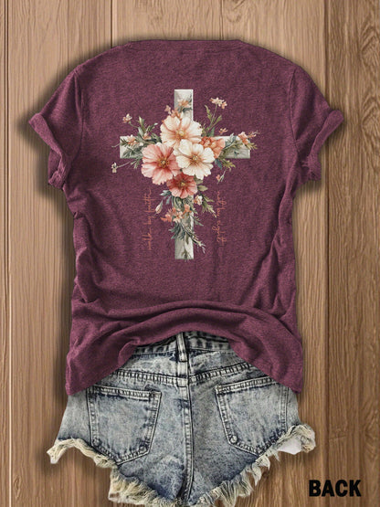 Jesus Floral Cross Double-Sided Print T-shirt - Stylish Faith-Inspired Design for Casual Wear, Perfect for Christian Women, Trendy and Comfortable -blend T-shirt with Double-sided Print