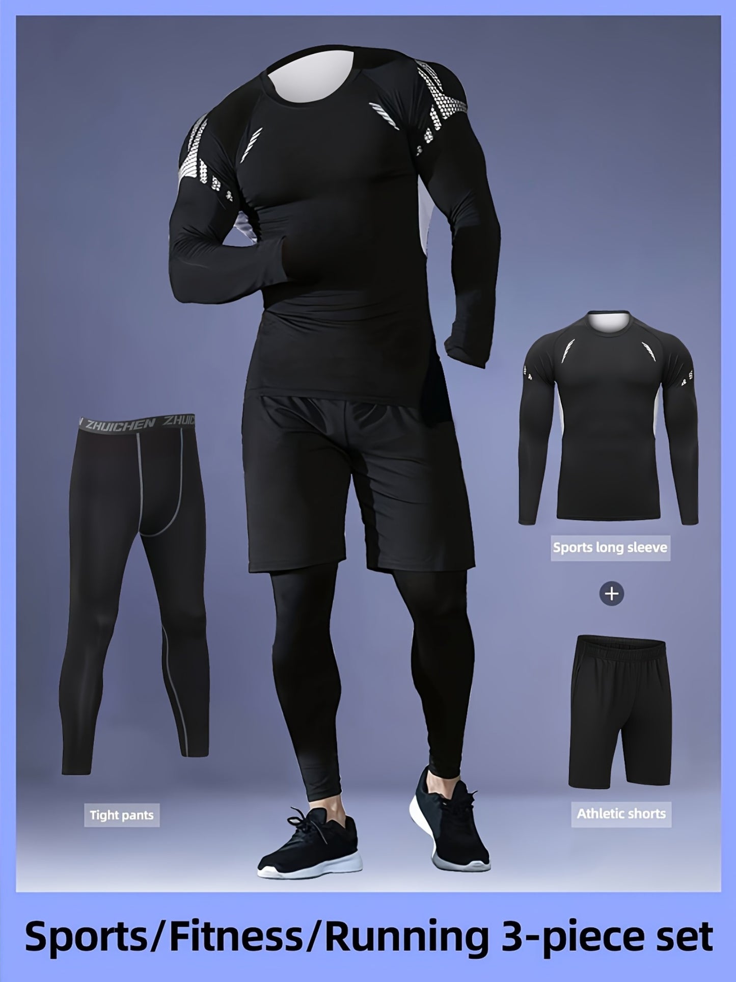3pcs Men'S Quick-drying CompressionSports, Suit Summer Gym Running Training Clothes, High Elastic Breathable Morning And Night Running Cycling Mountaineering Hiking Fitness Sportswear, Fishing Sun Shirt, Father'S Day Gifts