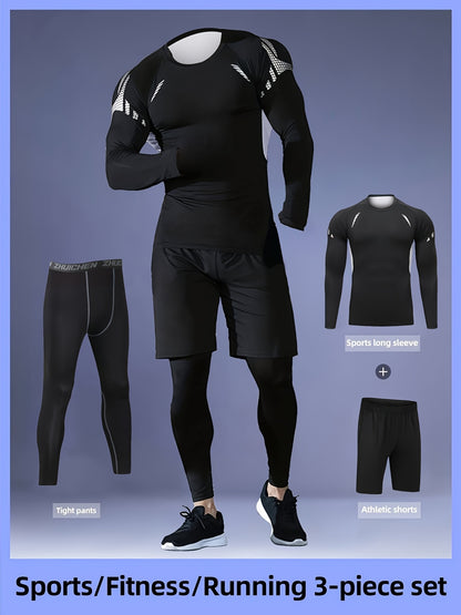 3pcs Men'S Quick-drying CompressionSports, Suit Summer Gym Running Training Clothes, High Elastic Breathable Morning And Night Running Cycling Mountaineering Hiking Fitness Sportswear, Fishing Sun Shirt, Father'S Day Gifts
