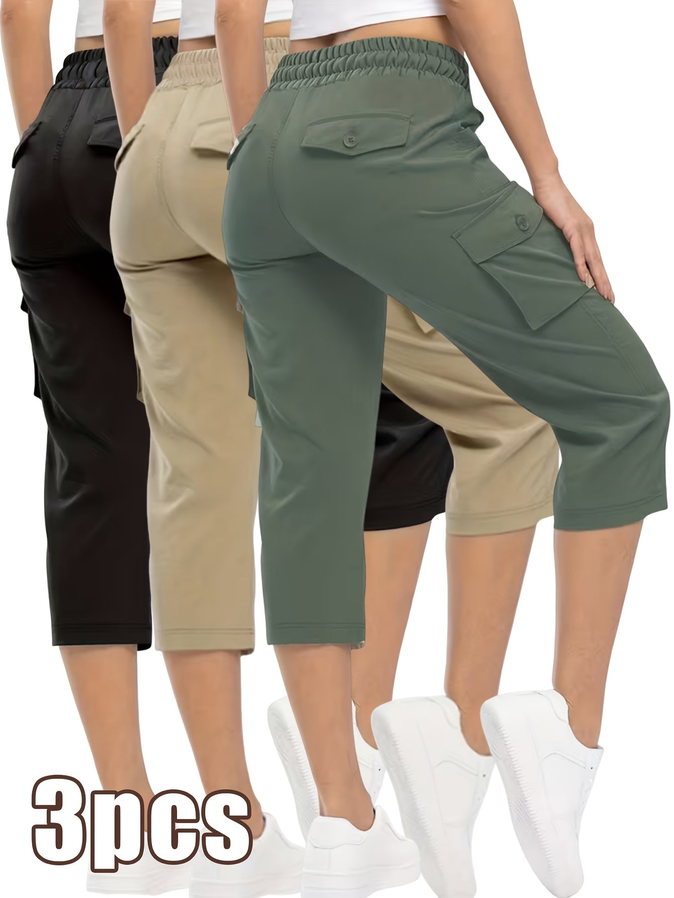 3pcs Women'S Fashionable Cargo Capri Pants for Summer, with Elastic Waistband And Pockets - Casual Sports Capri Pants, Breathable Blend