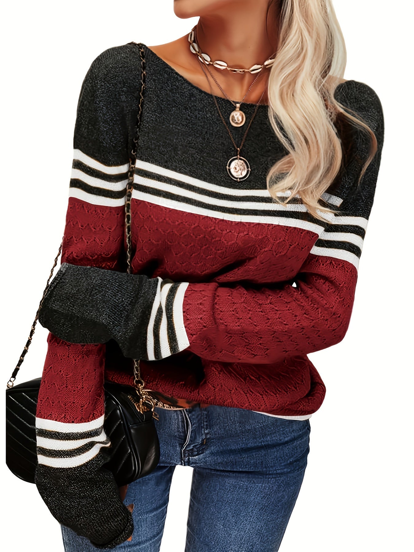 Women Autumn Winter Colorblock Pullover Sweaters Round Neck Striped Slim Fitting Knitwear Tops