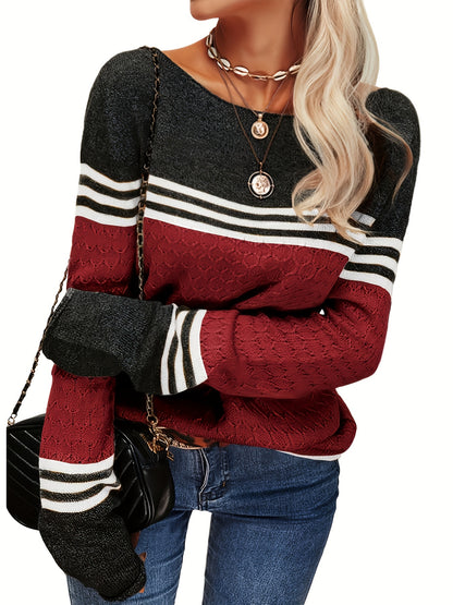 Women Autumn Winter Colorblock Pullover Sweaters Round Neck Striped Slim Fitting Knitwear Tops