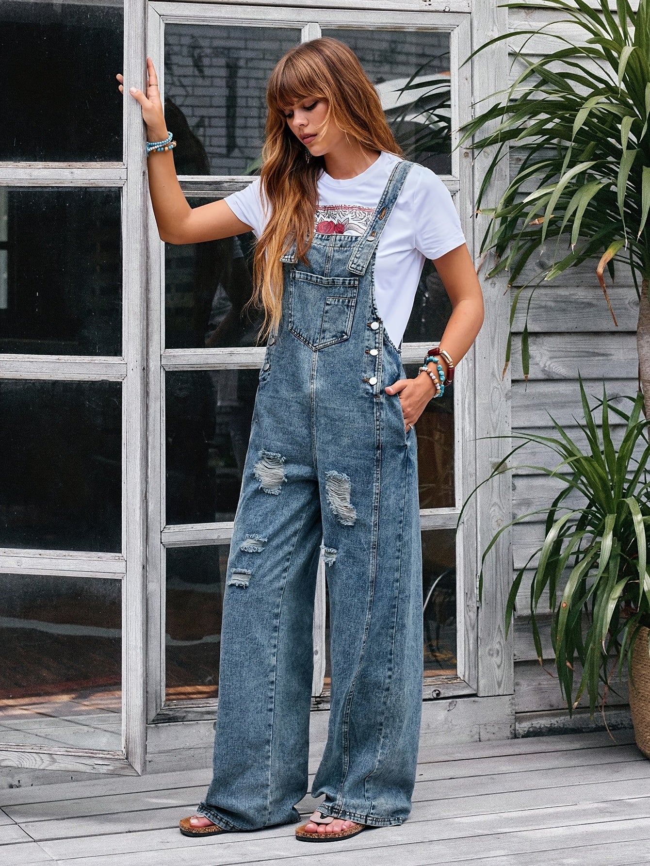 [Denim Jumpsuit] Women's Pocket Wide Leg Denim JumpsuitLadies' Casual Denim Jumpsuit, Loose And Adjustable Strap Pants, Denim Jumpsuit, Vest, Denim Jumpsuit, Skirt Strap Pocket