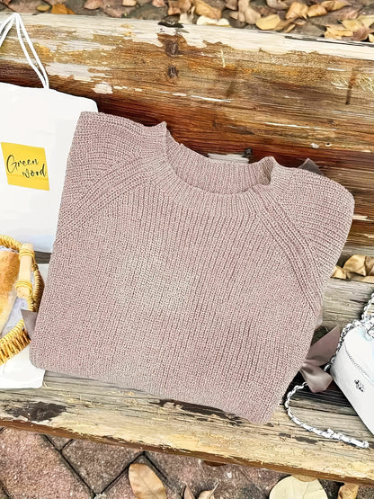 Plus Size, Plus-size  Sweet Style, Round Neck Balloon Sleeve Bow Sweater, Autumn and Winter Atmosphere Items