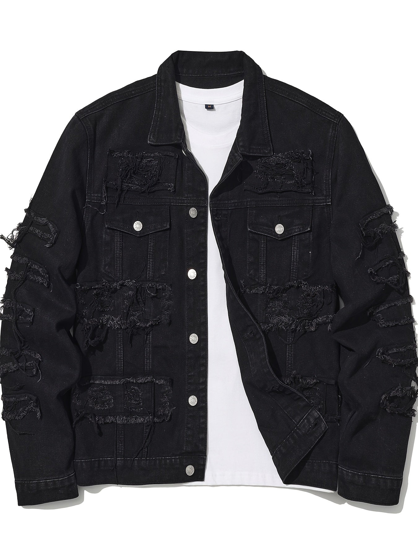 Men'S Ripped Denim Jacket Slim Fit Jean Outerwear Streetwear Casual Coat
