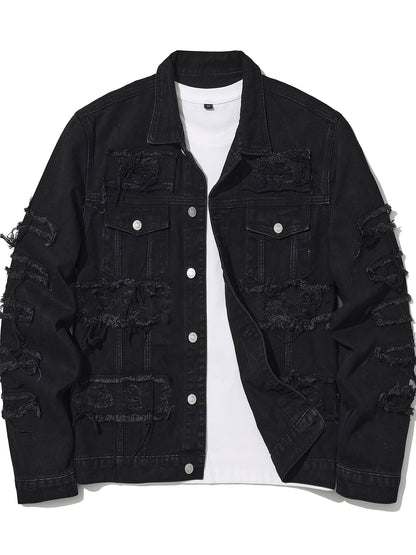 Men'S Ripped Denim Jacket Slim Fit Jean Outerwear Streetwear Casual Coat