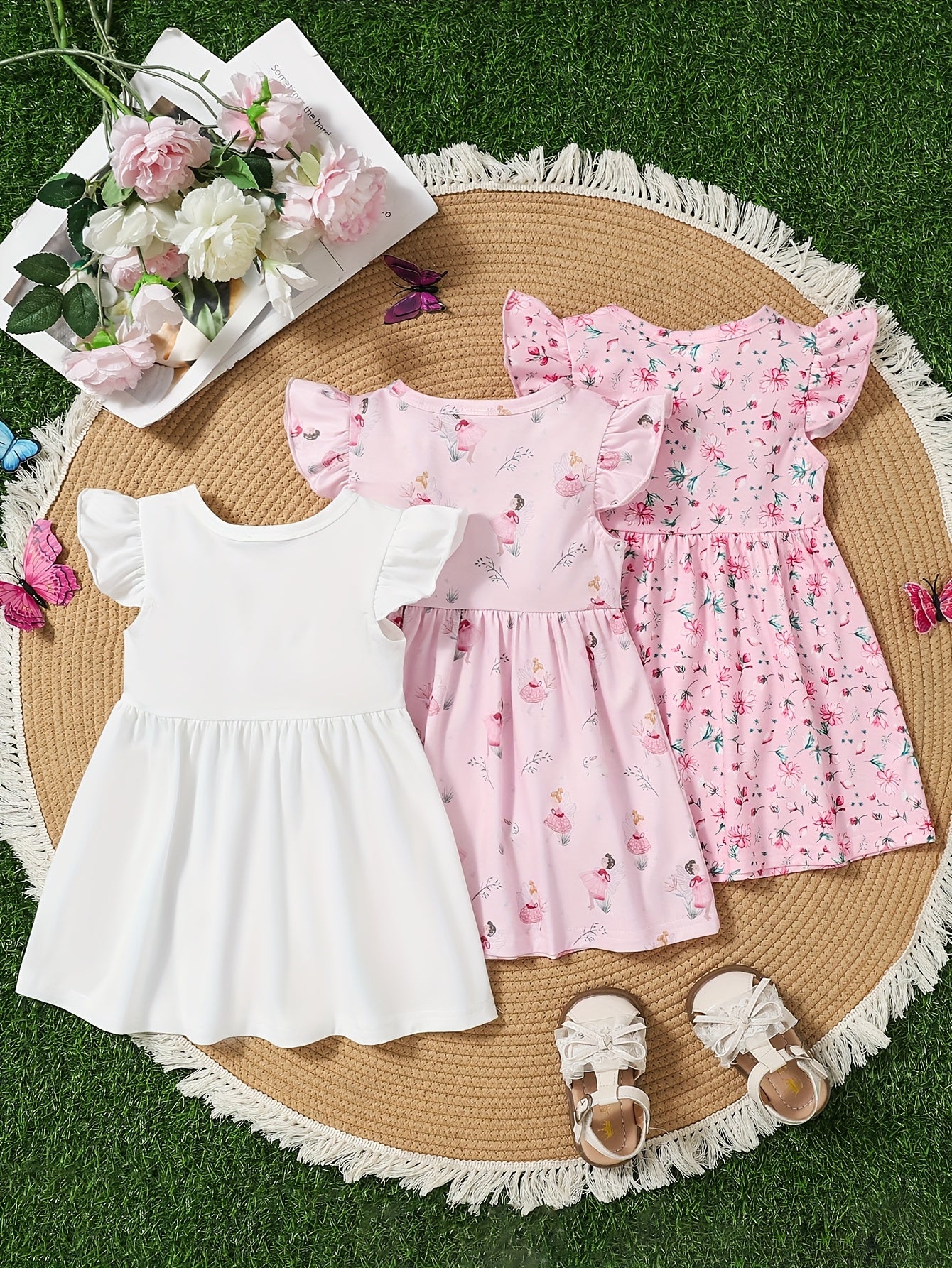 A Cute And Casual Outfit Set for Baby Girls Featuring a Pink Floral Print Dress with Flutter Sleeves, Designed for Spring And Summer.