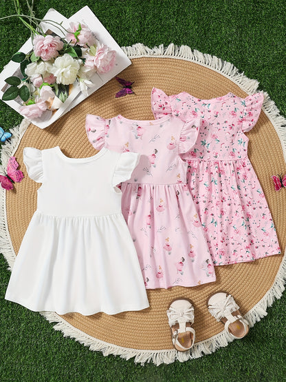 A Cute And Casual Outfit Set for Baby Girls Featuring a Pink Floral Print Dress with Flutter Sleeves, Designed for Spring And Summer.