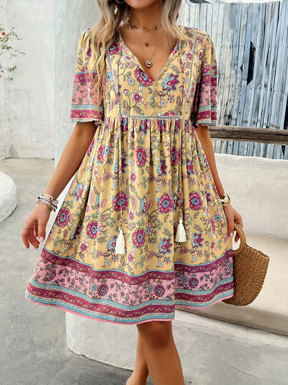 ZAFUL Summer Women's Dress, Women's Fashion New Elegant Romantic Bohemian Style Long Dress, Women's Fashion Deep V-neck Princess Sleeve Design, Fluffy High Waist Tassel Dress, Fashion Holiday Dress