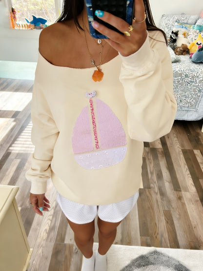 Off-shoulder Geometric Patch Appliqué Long-sleeve Sweatshirt, with a Three-dimensional Sailboat Pattern, Single-shoulder Pullover, New Spring/summer Style, Women's Clothing