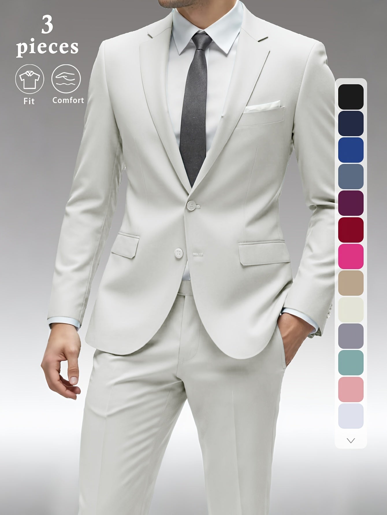Men's Solid Color Complete 3pcs Suit Set Slim Fit Modern Tailored for Weddings Business Graduation Father's Day Gifting Express Delivery