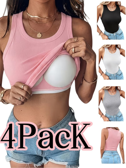 4pcs Women's Ribbed Tank Tops with Built-in Bra, Slim Fit Sleeveless Scoop Neck Camisole Pack, Premium Comfort Basic Undershirts