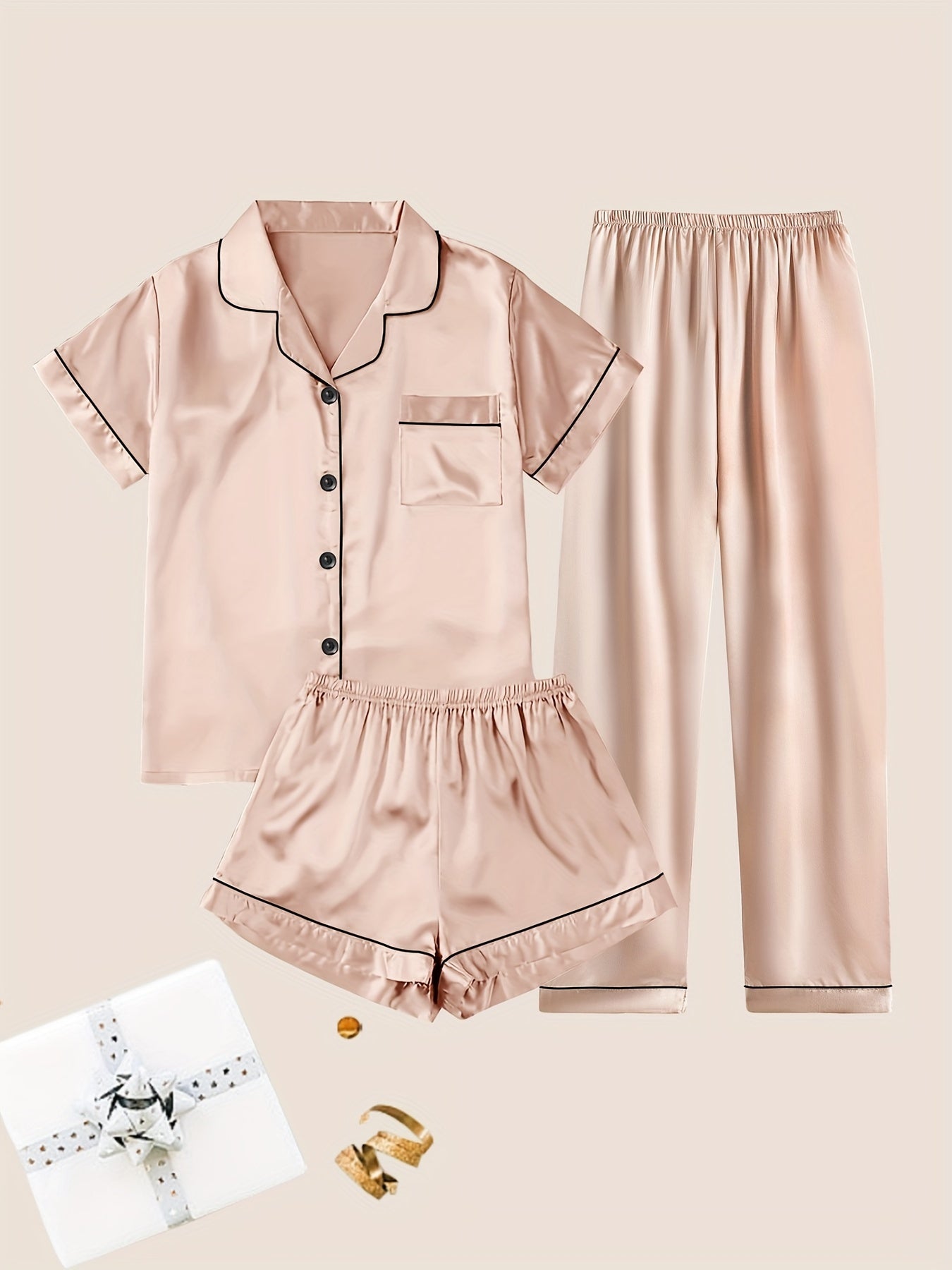 Women'S Solid Satin Casual Pajama Set, Short Sleeve Buttons Lapel Top & Shorts & Pants, Comfortable Relaxed Fit