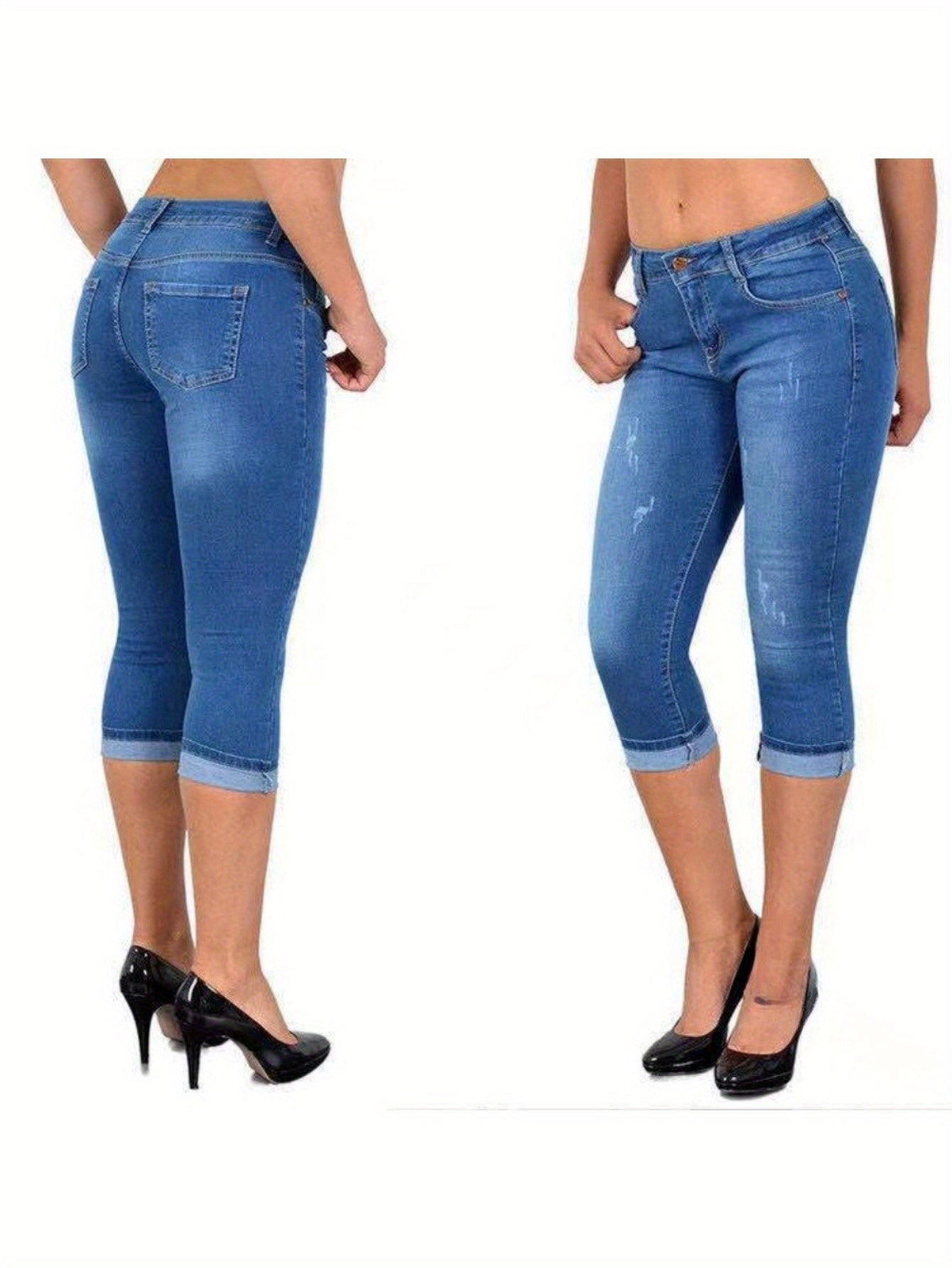 Women's Stretch Skinny Cropped Capri Jeans - Slim-Fit Denim Pants with Comfort Stretch Fabric, Machine Washable & Summer Casual Streetwear Style, Elastic Waist Jeans, Casual Attire, Modern Fashion, Durable Construction, Street Fashion, Western Style, Comf