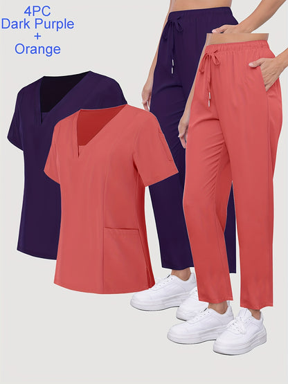 [Breathable Work Clothes] 4pcs Set of Women's Frosted Breathable Uniform with Pockets, Hand Washing Clothes, Work Clothes, Hand Brushing Clothes, Pants Set