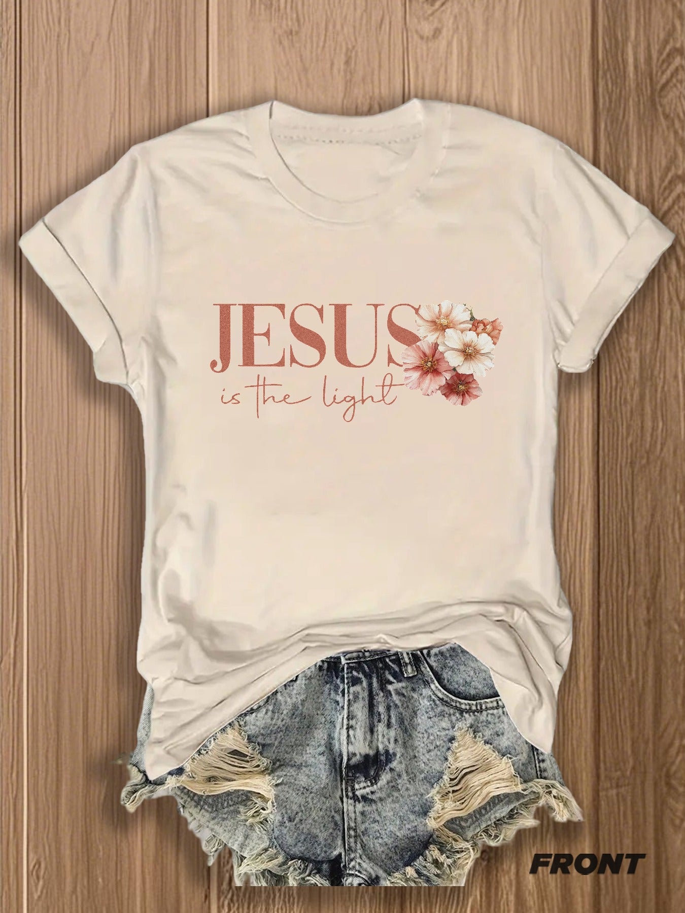 Jesus Floral Cross Double-Sided Print T-shirt - Stylish Faith-Inspired Design for Casual Wear, Perfect for Christian Women, Trendy and Comfortable -blend T-shirt with Double-sided Print