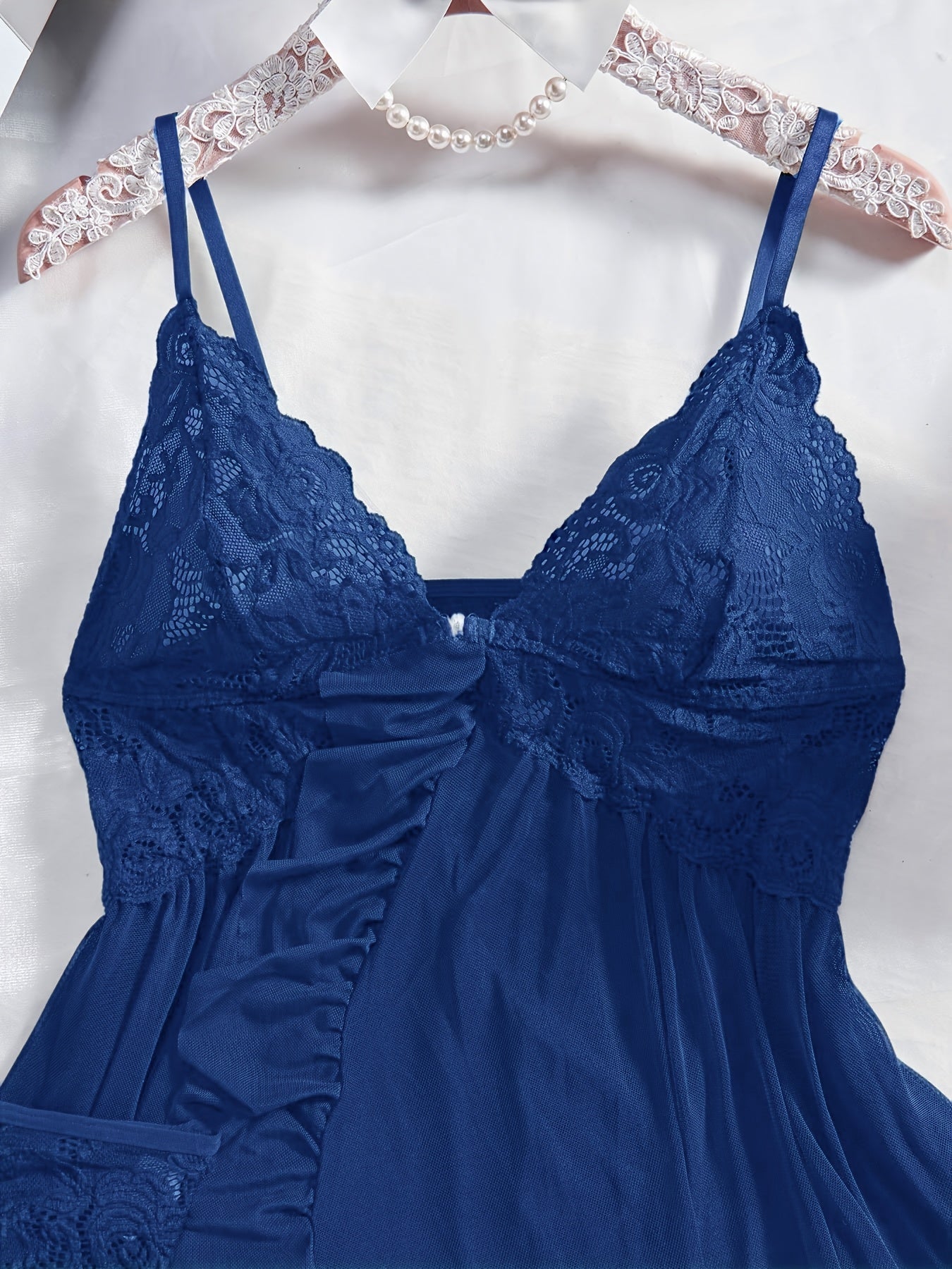 Big Size Sultry Valentine Lace Sleepwear Dress Set - Exquisite Lace, Flattering V-Neckline, Daring Backless Design, Delicate Ruffle Trim, Trendy Split Hem, Seductive Thong Detail, Ultra-Comfortable Fabric, Perfect for Romantic Night, Anniversary Gift