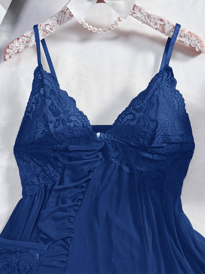Big Size Sultry Valentine Lace Sleepwear Dress Set - Exquisite Lace, Flattering V-Neckline, Daring Backless Design, Delicate Ruffle Trim, Trendy Split Hem, Seductive Thong Detail, Ultra-Comfortable Fabric, Perfect for Romantic Night, Anniversary Gift