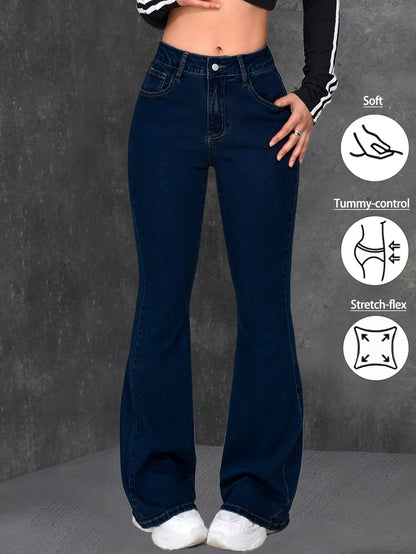 Women Blue Flared Jeans High Rise Stretch Denim Pants Soft Comfortable Fit Slim Silhouette Fashion Forward Trendy Modern Style Versatile Casual Attire Chic Look Durable Quality Easy Matching Figure Flattering Essential Casual Denim Bottoms