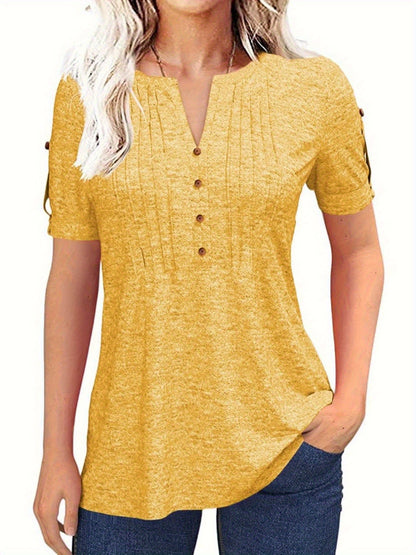 Casual Short-Sleeve Blouse for Women with a Solid Color, Featuring a Pleated Design, Buttoned V-Neck, And a Zipper
