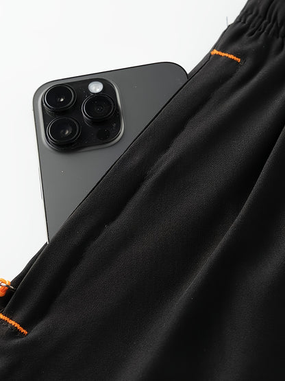 3pcs Men'S Stylish Athletic Shorts, Black Drawstring Design, Zipper Pockets, (Includes Wristband)Ideal For Summer Workouts And Outdoor Activities, Plus Size Shorts