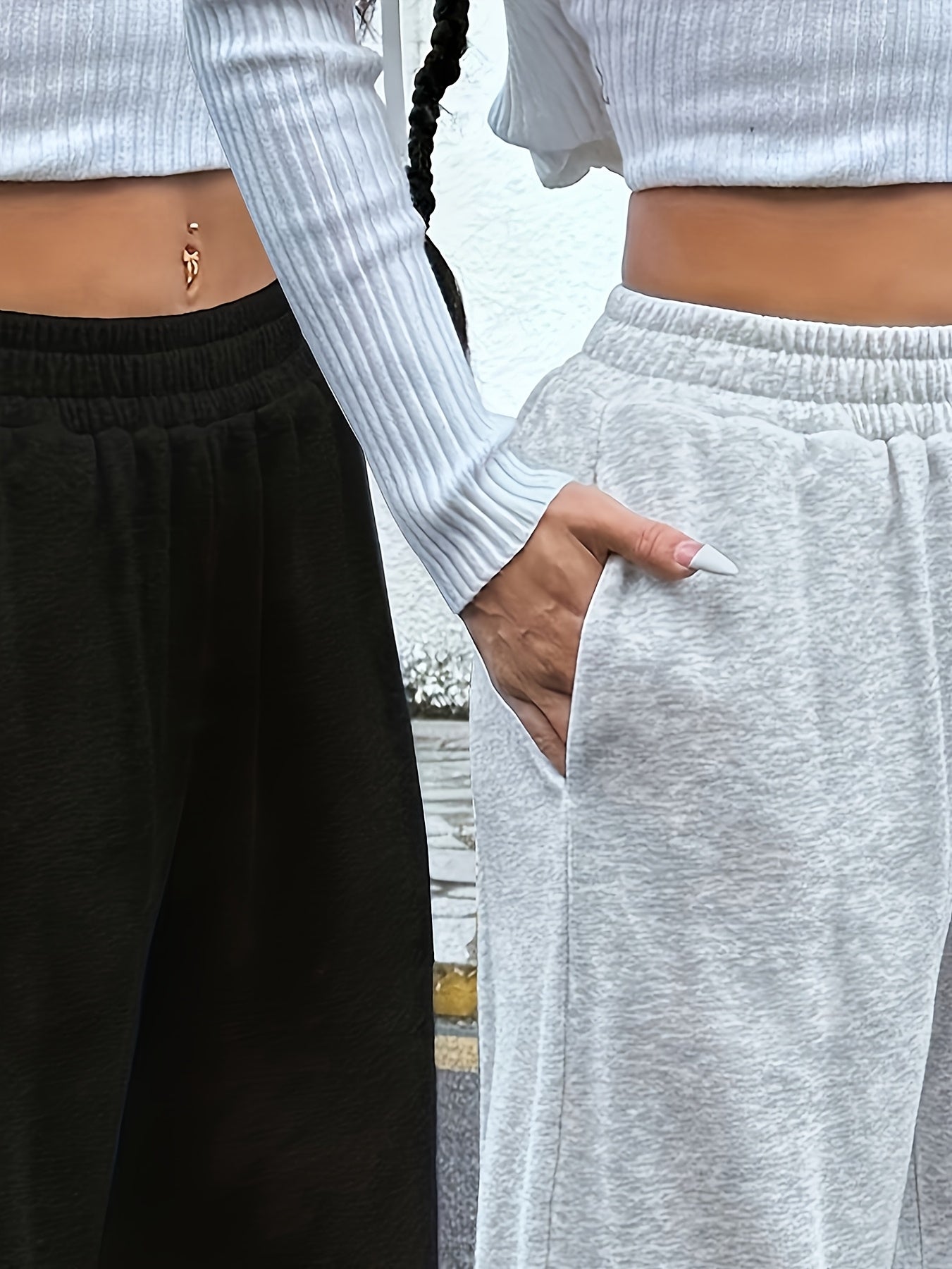 2pcs Women's Casual Wide-leg Pants with Elastic Waistband and Pockets - Elastic, Loose-fitting, Solid Color (black and Gray), Suitable for All Seasons, Comfortable Clothing | Loose Pants | Medium Elastic, Women's Jogging Pants/ Sweatpants/ Training
