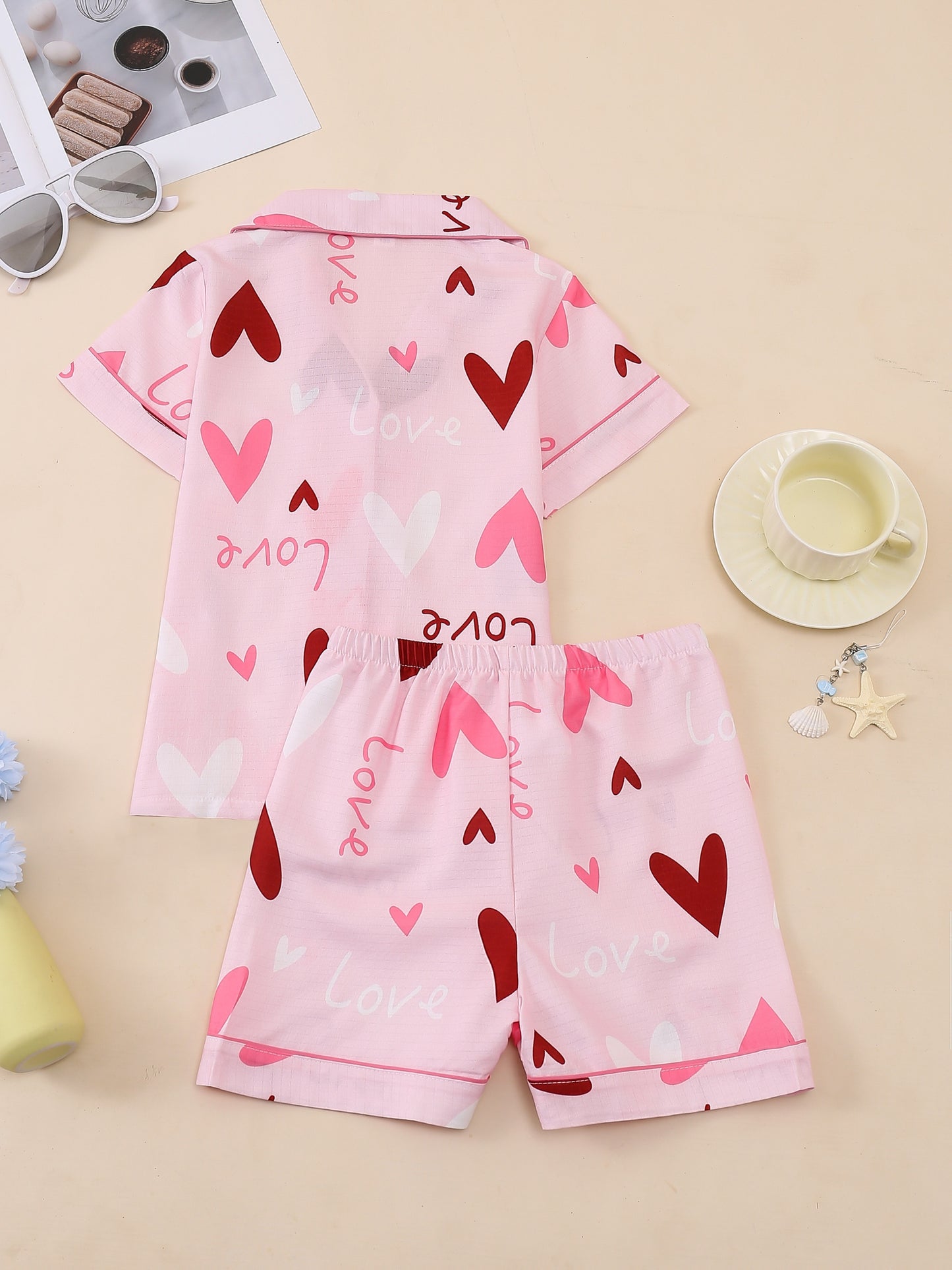 Random 1 Set!Girls' Lapel Pajama Set, Short-Sleeve Top And Elastic-Waist Shorts, Taro Purple Hearts, Light Pink Hearts, White with Teddy Bears And Bows, Pink with Black Hearts. Soft, Skin-Friendly Bubble Crepe for Cozy Home Wear