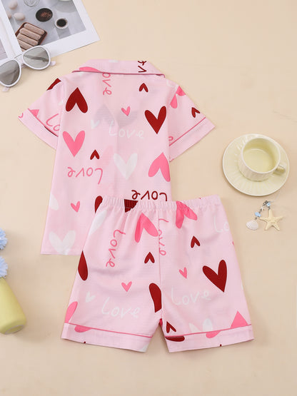 Random 1 Set!Girls' Lapel Pajama Set, Short-Sleeve Top And Elastic-Waist Shorts, Taro Purple Hearts, Light Pink Hearts, White with Teddy Bears And Bows, Pink with Black Hearts. Soft, Skin-Friendly Bubble Crepe for Cozy Home Wear