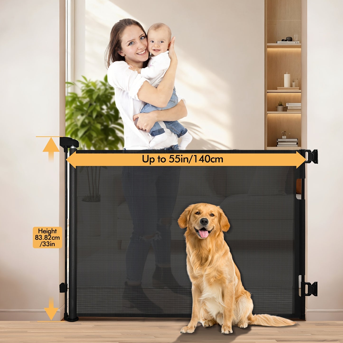 VERASTE Retractable Gate, Mesh Gate, 33"/41"Tall Safety Gate for Doorways, Stairs, Hallways, Indoor/Outdoor, (Black/White/Grey), As A Holiday Gift