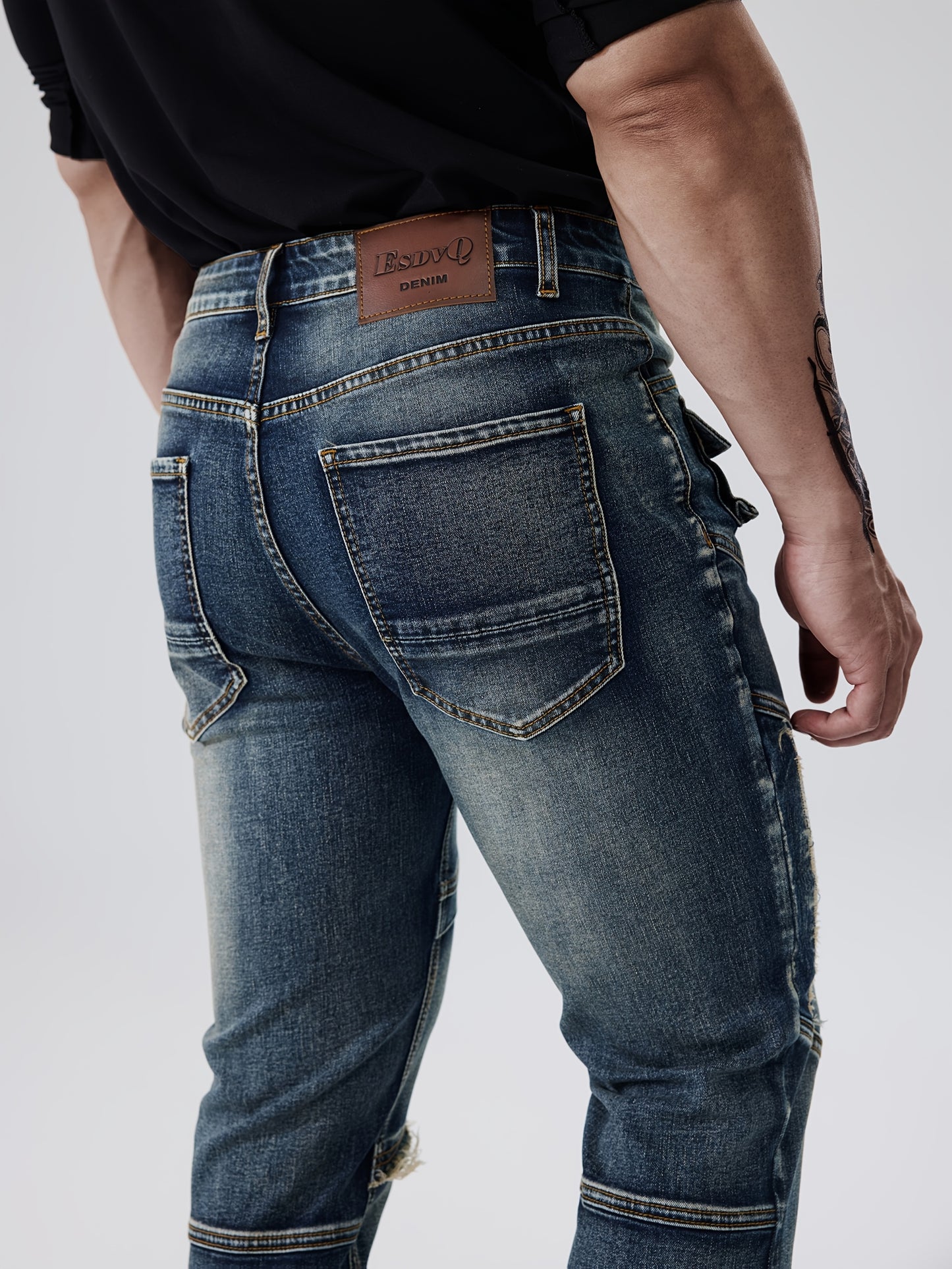 ESDVQ Men's Fashion Patchwork Vintage Washed Jeans - Slim Fit, Stretch Denim with Pockets, Casual Style, Machine Washable - Dark Blue with Light Blue & Black Accents