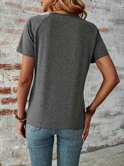 Elegant V-Neck T-Shirt with Zip Detail - Soft, Machine Washable, Letter Print Design for Women