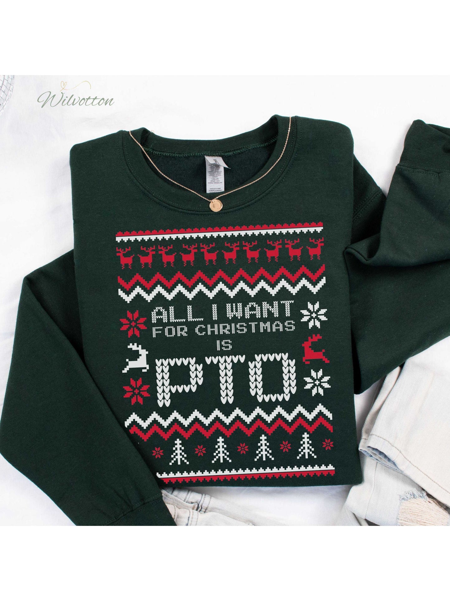 Women'S Funny Ugly Christmas Sweater Shirt - "All I Want for Christmas is PTO" Slogan, Festive Sweater Design with Snowflakes & Candy Canes, Casual Round Neck Pullover for Work Parties, Family Photos & Holiday Gifts (Green/Red/) - Cozy Winter Appare