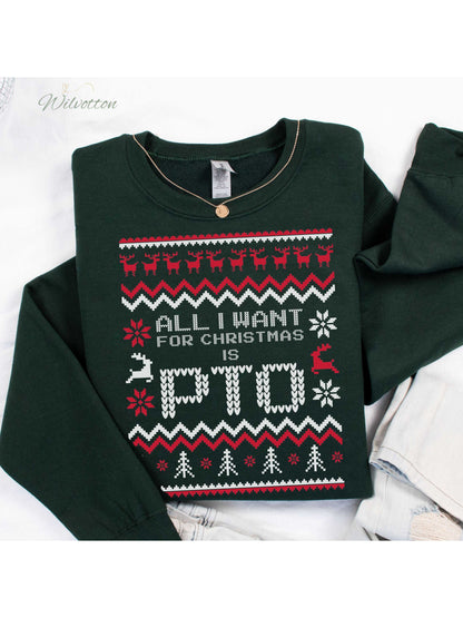 Women'S Funny Ugly Christmas Sweater Shirt - "All I Want for Christmas is PTO" Slogan, Festive Sweater Design with Snowflakes & Candy Canes, Casual Round Neck Pullover for Work Parties, Family Photos & Holiday Gifts (Green/Red/) - Cozy Winter Appare
