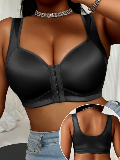 1-piece Set Of Women's Plus Size Bra Without Steel Ring, Satin Fabric, Smooth Fabric, Front Buckle Design With Strong Support, Suitable For Daily Wear And Formal Occasions - Comfortable Underwear, High Elasticity Material, High Support Enhancement