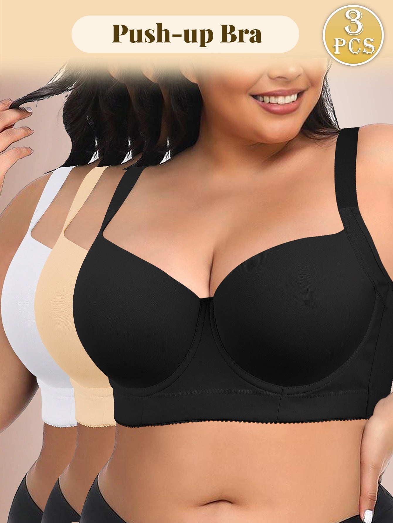 Set of Three Alluring Seamless Bras in Large Size with Gathered Design And Wide Shoulder Straps, Perfect for Everyday Use
