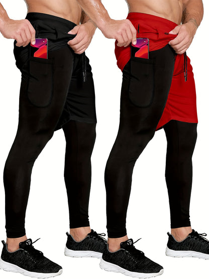 Set of 2 Men'S 2-In-1 Running And Workout Pants Designed for Gym Use, Featuring a Towel Loop