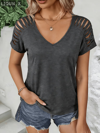 (A17) Women's Sheer Short-sleeved Solid-color T-shirt (V-neck Style), Ideal for Fashionable Outfits