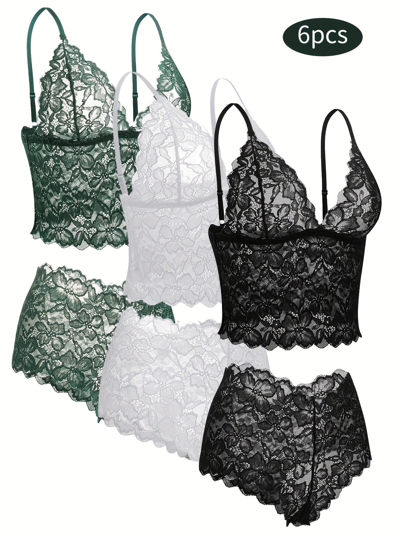 6pcs Women's Sexy Transparent Floral Lace Pajama Lingerie Set High Waisted Pajamas Breathable Sexy Erotic Bra And Panties Six Piece Pajama Set, All The Romantic Style!,