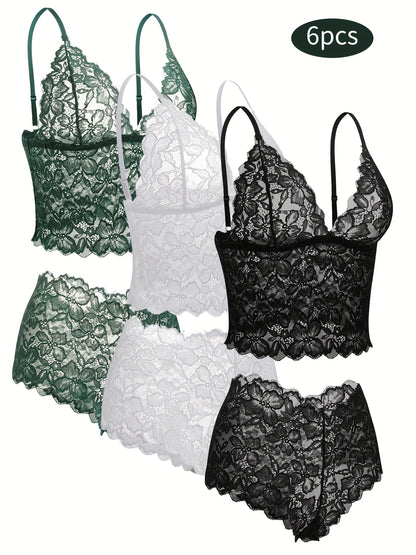 6pcs Women's Sexy Transparent Floral Lace Pajama Lingerie Set High Waisted Pajamas Breathable Sexy Erotic Bra And Panties Six Piece Pajama Set, All The Romantic Style!,