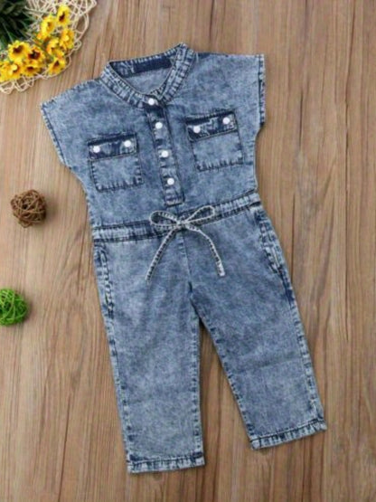 Little Kids Girls Fall Denim Jumpsuit - Sleeveless Folded Collar Button- One-Piece with Chest Pockets Long Pants, Easy Soft Daily Outing Photo Prop Leisure Autumn Clothes, for Outdoor