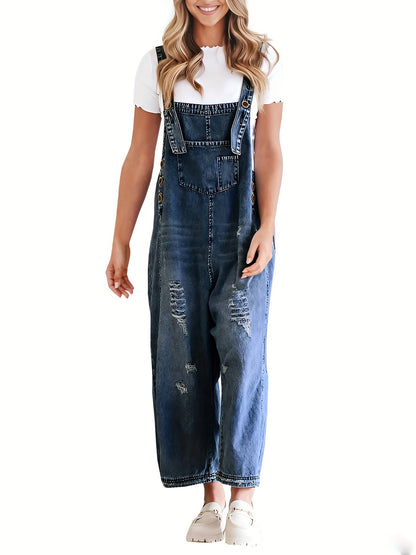 Casual Denim Overalls for Women Featuring a Loose Fit, Adjustable Straps, Distressed Design, And Pockets