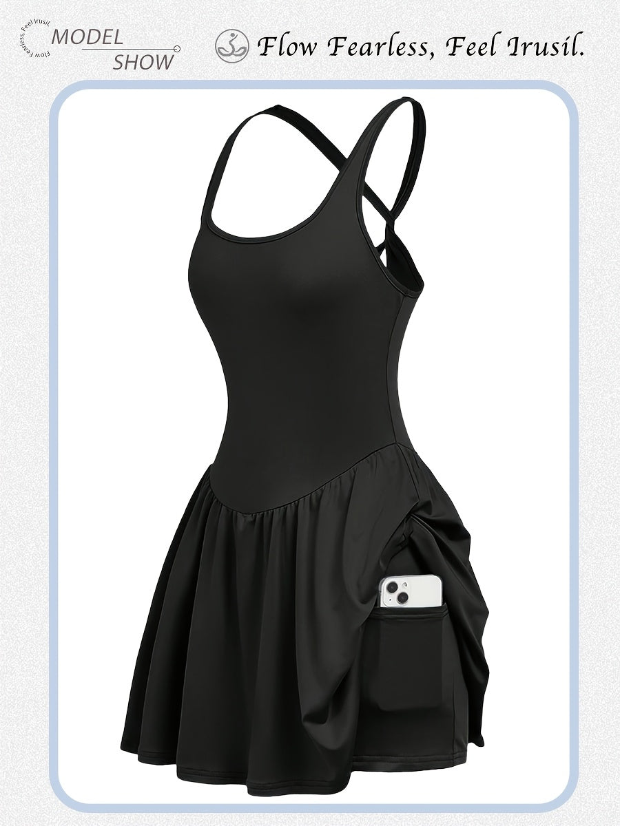 Womens Sleeveless 2-in-1 Athletic Tennis Golf Dress, Underneath Workout Dresses With Built-in Shorts Pocket, Workout Jumpsuits For Women Tummy Control With Double Lined Outfits.
