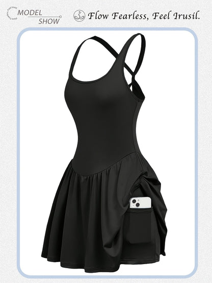 Womens Sleeveless 2-in-1 Athletic Tennis Golf Dress, Underneath Workout Dresses With Built-in Shorts Pocket, Workout Jumpsuits For Women Tummy Control With Double Lined Outfits.