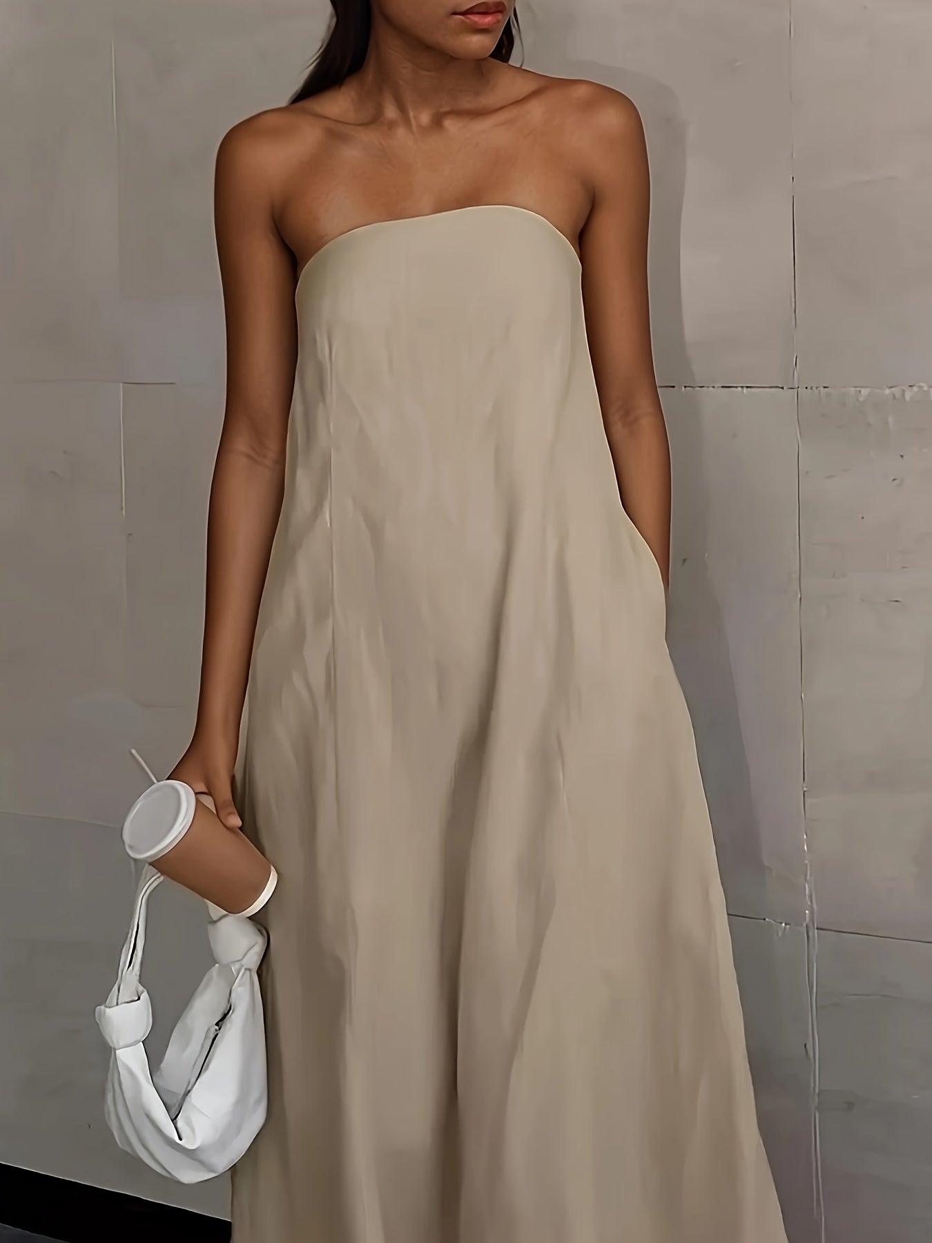 Linen Women's High-Waisted Strapless Backless Patchwork Pocket Dress Lightweight Casual Vacation Dress with Smooth Texture, Solid Color Long Dress for Spring Summer