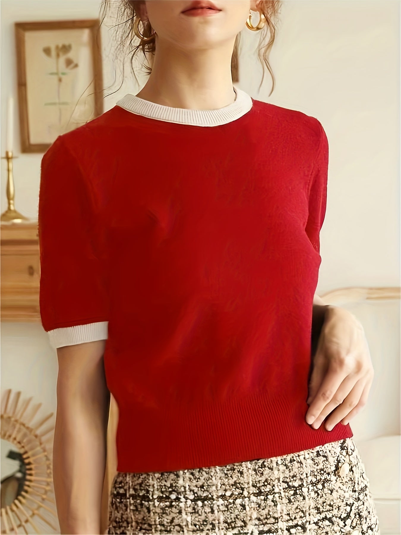 Spring/Summer/Autumn Contrast Trimming Round Neck Holiday Casual Elegant Party Business Commuter Gift Knitted Top T-shirt