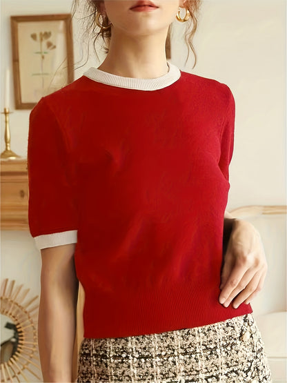 Spring/Summer/Autumn Contrast Trimming Round Neck Holiday Casual Elegant Party Business Commuter Gift Knitted Top T-shirt