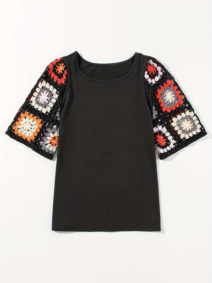 White Floral Crochet Short Sleeve Top