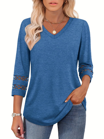 Three-piece Women'S 3/4 Long-sleeved Top, Fashionable Ladies' Casual Shirt, V-neck Lace Three-quarter Sleeve T-shirt