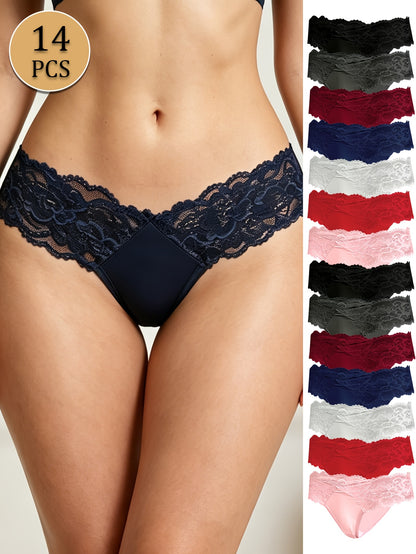 14pcs Comfortable And Breathable Lace Panties, Sexy Bikini Briefs, Solid Color Floral Lace, Scalloped Trim, Elastic Skin-friendly Hipster, Semi Sheer Low-waist Women's Underwear